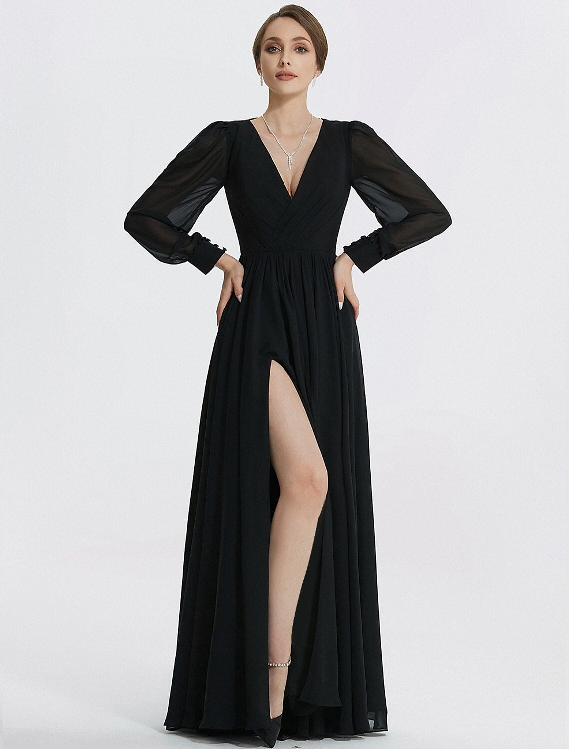 A-Linie Abendkleid Elegantes Kleid Formal Bodenlang Langarm V-Ausschnitt Chiffon mit Schlitz